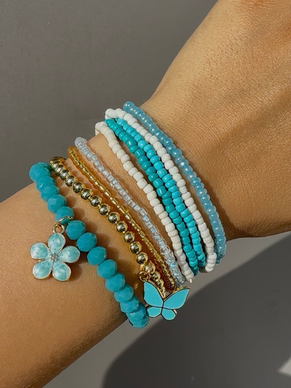 Turquoise Beaded Charm Bracelet Set - Women Jewelry